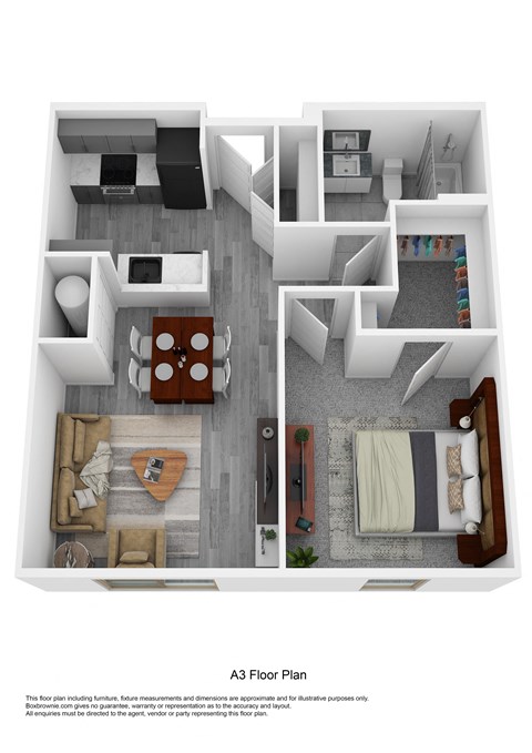 Floor plan for 1 bed, 1 bath, 607 sqft